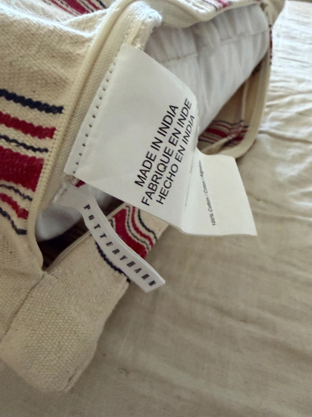 Pottery Barn Cream Throw Pillow with Red and navy Stripes - Picture 3 of 3